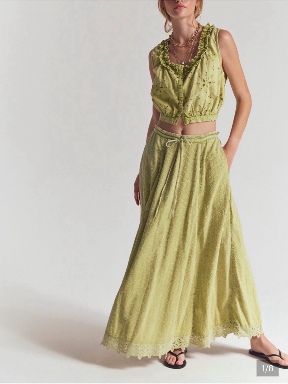 NWT Free People Madelyn Cotton Maxi Skirt Set-Palm Oasis Green